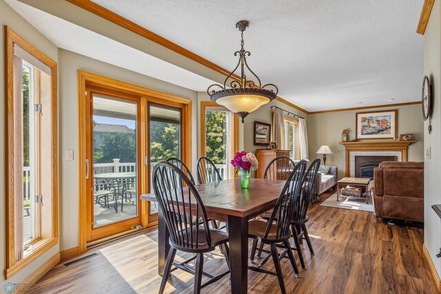 dining area with a tile fireplace, wood-type flooring, a textured ceiling, and plenty of natural light