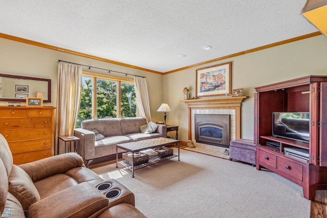 living room with a fireplace, a textured ceiling, and light carpet