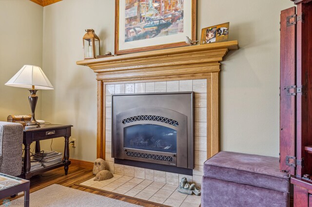 room details with a tile fireplace and wood-type flooring