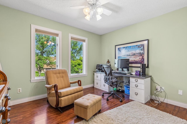 office featuring hardwood / wood-style floors, a textured ceiling, and ceiling fan