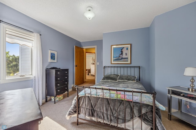 carpeted bedroom with a textured ceiling