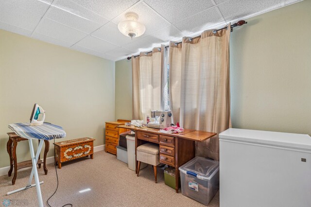 office space featuring a drop ceiling and light colored carpet