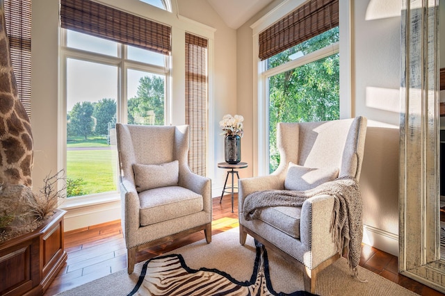 living area featuring hardwood / wood-style flooring and vaulted ceiling