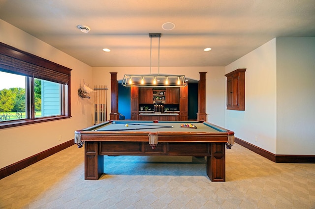 rec room featuring pool table and light carpet