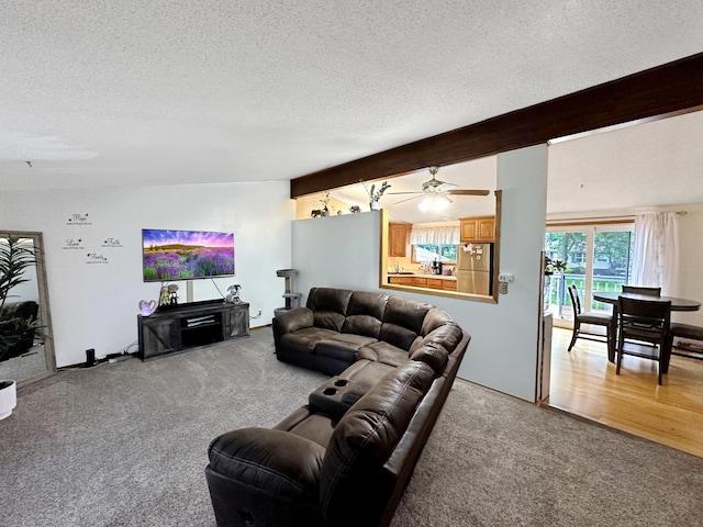 carpeted living room with ceiling fan, beam ceiling, and a textured ceiling