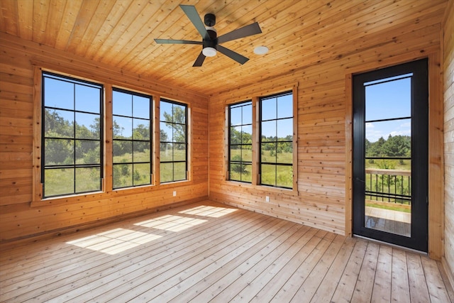 unfurnished sunroom with wood ceiling and ceiling fan