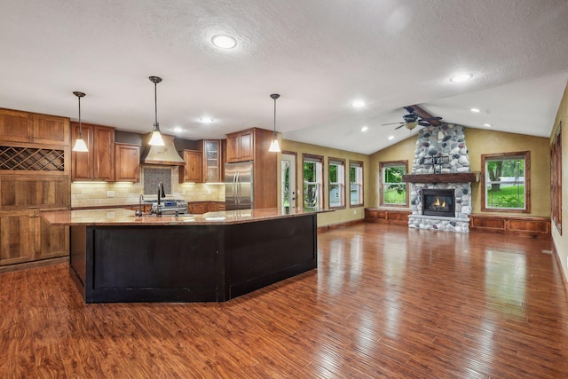 kitchen featuring dark hardwood / wood-style floors, a stone fireplace, vaulted ceiling, and stainless steel appliances