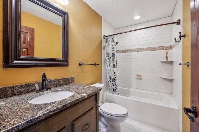 full bathroom featuring tile patterned flooring, vanity, shower / tub combo with curtain, and toilet