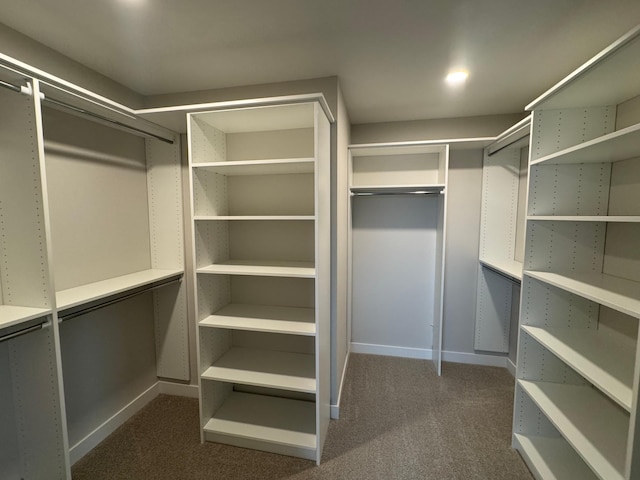 walk in closet with dark carpet