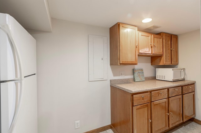 kitchen featuring white appliances and electric panel