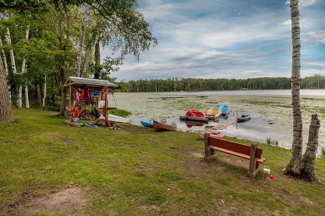 view of yard featuring a water view and a view of trees