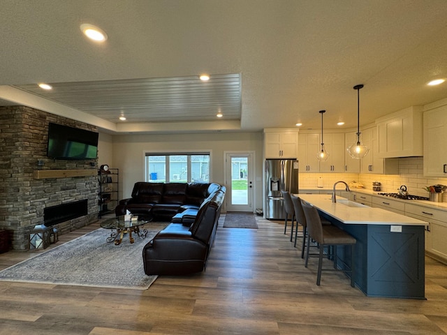 living room with wood-type flooring, sink, a fireplace, and a tray ceiling