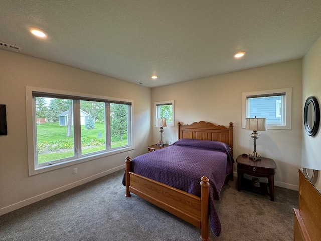 bedroom with multiple windows and dark colored carpet