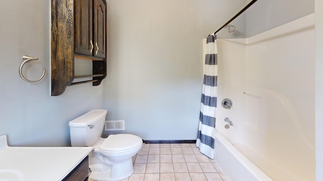 full bathroom with shower / bathtub combination with curtain, tile patterned floors, vanity, and toilet