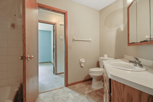 full bathroom featuring tile patterned floors, toilet, shower with separate bathtub, and vanity