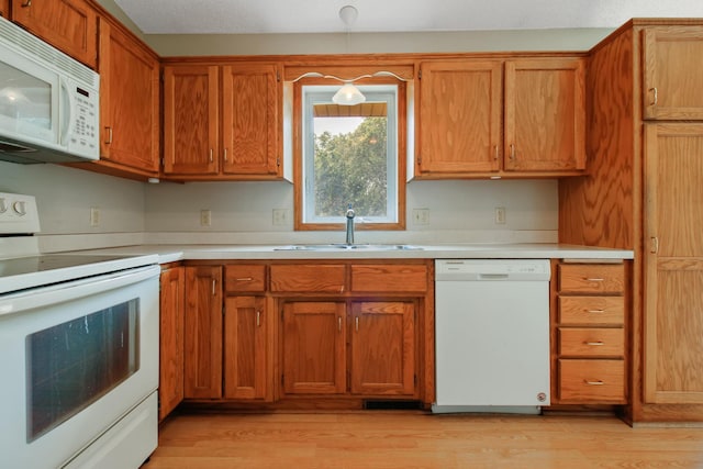 kitchen featuring sink, light hardwood / wood-style floors, and white appliances