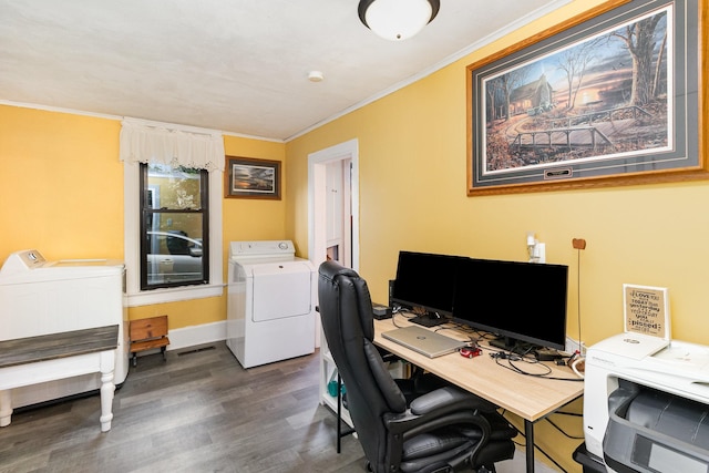 home office with crown molding, separate washer and dryer, and dark hardwood / wood-style floors