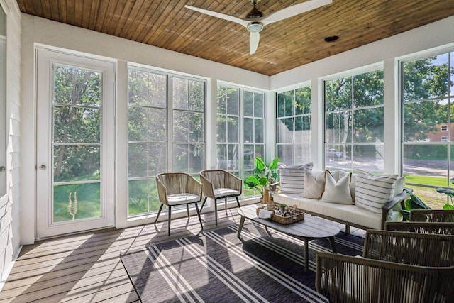 sunroom / solarium featuring ceiling fan and wooden ceiling