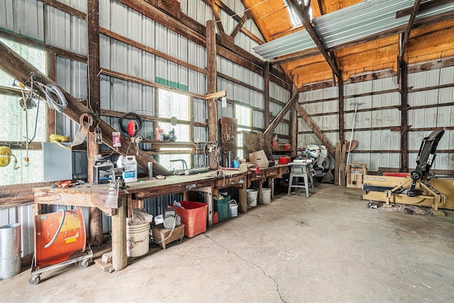 garage with a workshop area