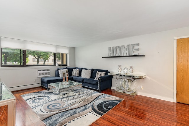 living room featuring an AC wall unit, hardwood / wood-style floors, and a baseboard heating unit