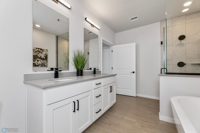 bathroom with hardwood / wood-style flooring, plus walk in shower, and vanity