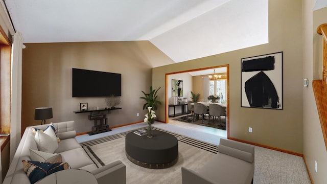 carpeted living room with a chandelier and high vaulted ceiling