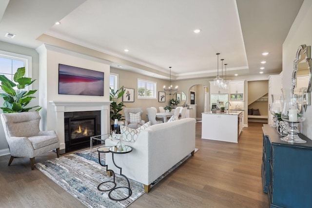 living room featuring dark wood-type flooring, sink, a tray ceiling, and plenty of natural light