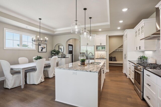 kitchen featuring appliances with stainless steel finishes, dark hardwood / wood-style floors, a tray ceiling, and tasteful backsplash