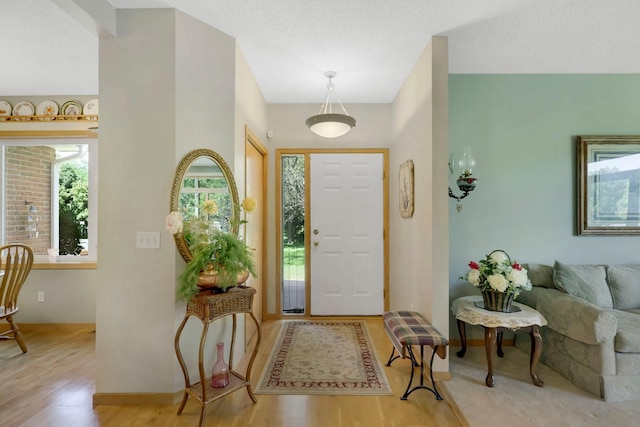 foyer entrance with baseboards and wood finished floors