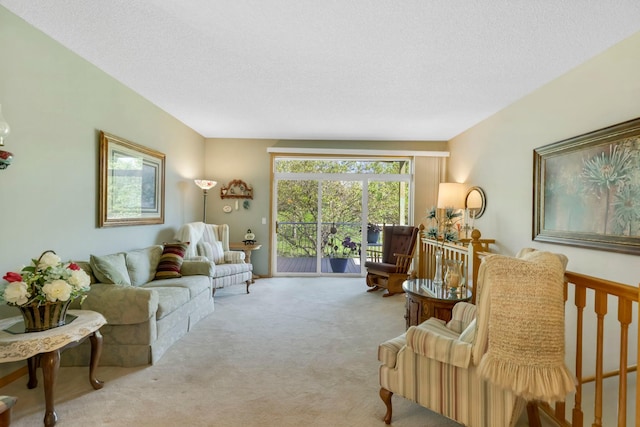 carpeted living room featuring a textured ceiling