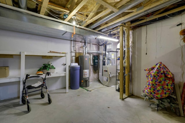 unfinished basement with water heater and heating unit