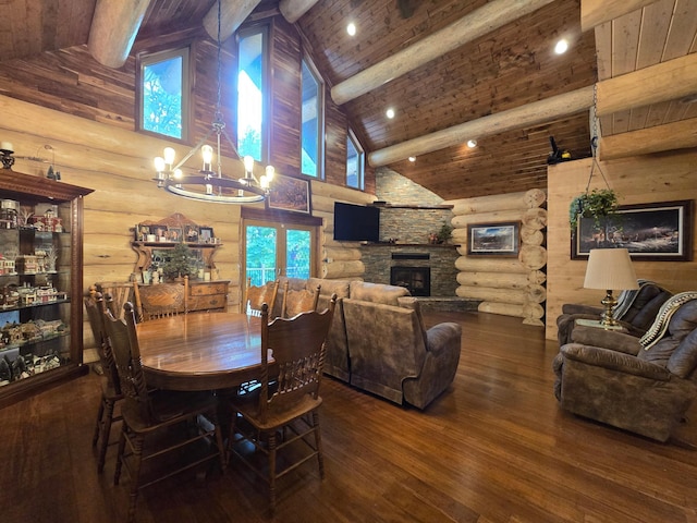 dining space featuring high vaulted ceiling, wood-type flooring, beamed ceiling, and an inviting chandelier