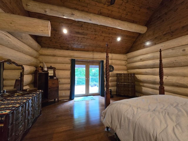 bedroom with beam ceiling, access to exterior, high vaulted ceiling, dark hardwood / wood-style floors, and french doors