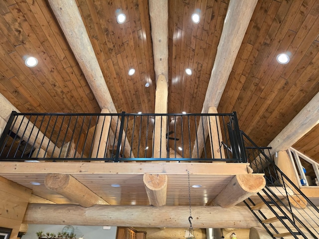 interior details featuring wood ceiling and beamed ceiling