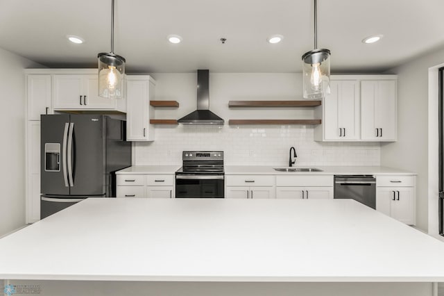 kitchen with electric range oven, sink, white cabinets, black fridge with ice dispenser, and wall chimney range hood