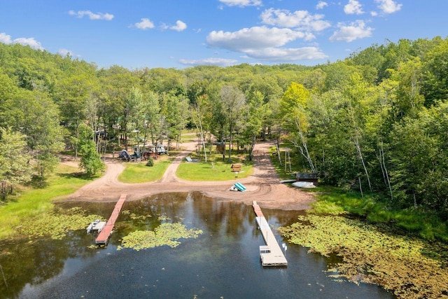 view of home's community with a water view, a forest view, and a floating dock