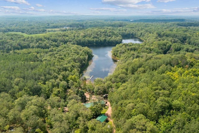 aerial view featuring a water view and a view of trees