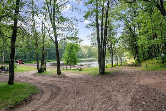 view of property's community featuring a water view and dirt driveway