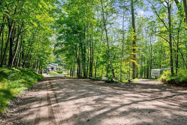 view of street featuring a wooded view and driveway