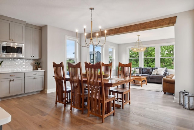 dining room with light wood-type flooring and a chandelier