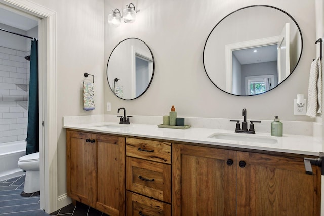 full bathroom featuring tile patterned flooring, toilet, shower / bathtub combination with curtain, and dual bowl vanity