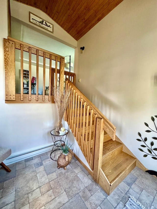 staircase featuring baseboard heating, vaulted ceiling, and wooden ceiling