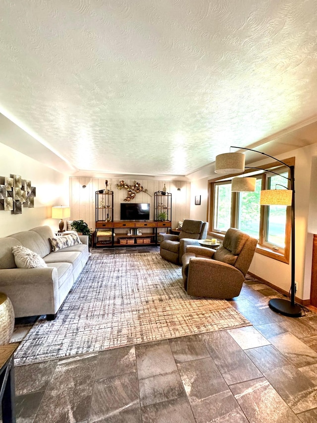 living room with a textured ceiling