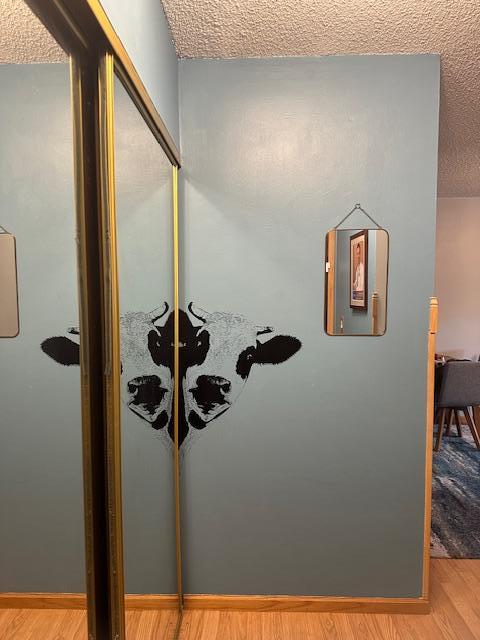 room details featuring a textured ceiling and hardwood / wood-style floors