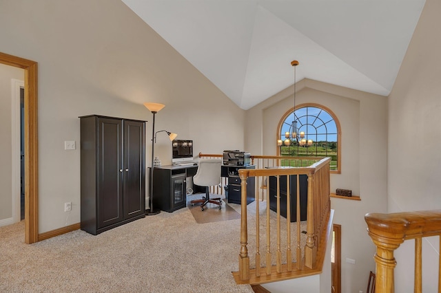 office with lofted ceiling, light carpet, baseboards, and a notable chandelier