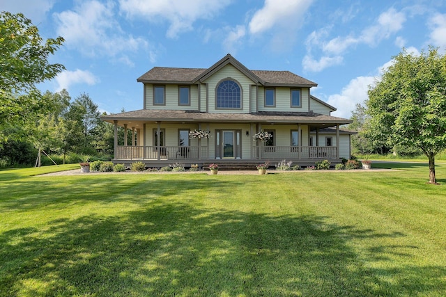 farmhouse-style home featuring covered porch and a front lawn