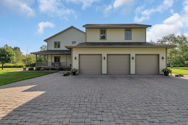 view of front facade with a garage, covered porch, a front lawn, and decorative driveway