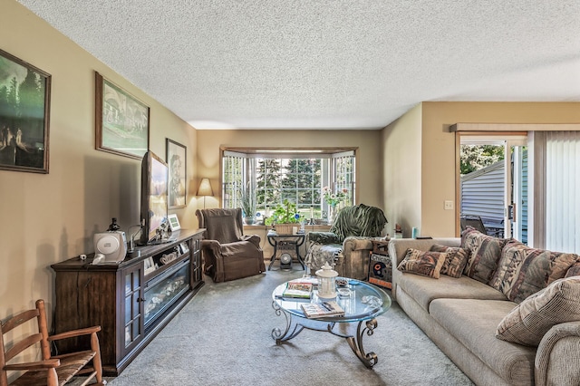 living room with carpet and a textured ceiling