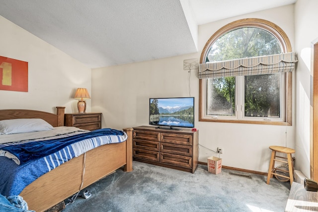 carpeted bedroom with a textured ceiling and lofted ceiling