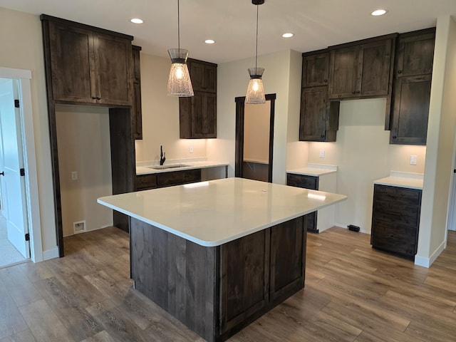 kitchen with light hardwood / wood-style flooring, dark brown cabinets, and a kitchen island